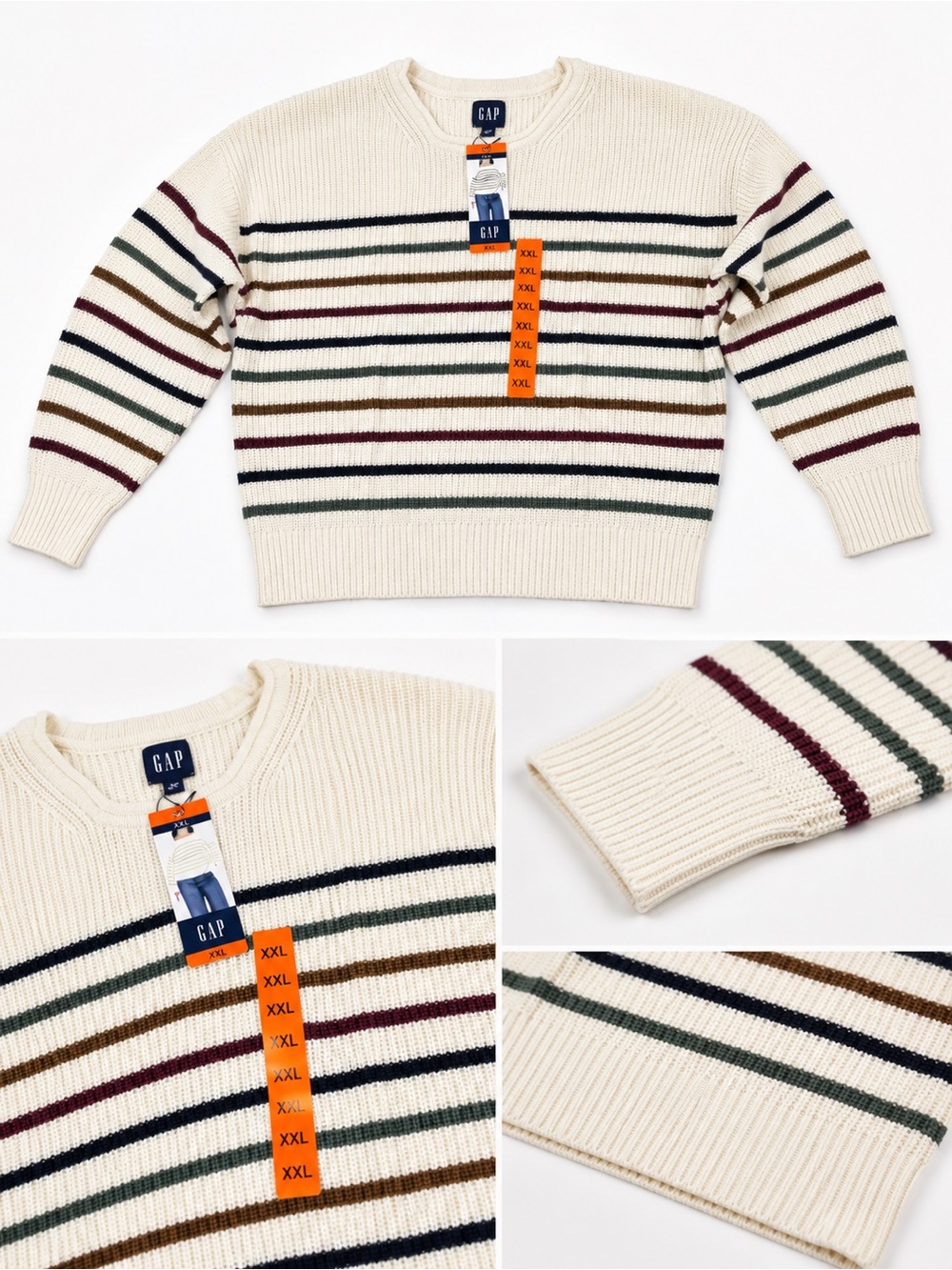 GAP Cream Crewneck Sweater with Multicolor Stripes